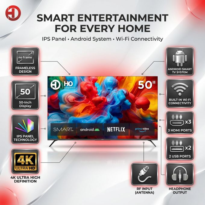 تلفزيون هو ذكي 50 بوصة بدون إطار بدقة فائقة الوضوح 4K مع نظام أندرويد ومستقبل رقمي مدمج ومتصّل بشبكة واي فاي – موديل HS5506SFL
