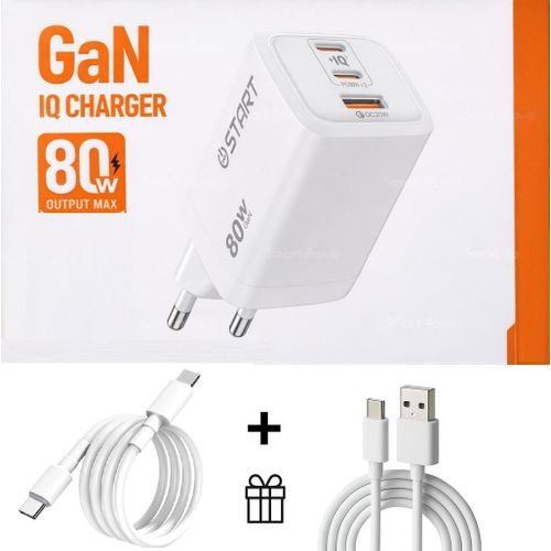 شاحن IQ بقدرة 80 واط شحن سريع PD بمنفذي النوع C وUSB مع كابلين - شاحن 80 وات مع كابلين - كابل تايب سي تايب سي - كابل تايب سي يو اس بي - شاحن أصلي - شاحن اصلى
