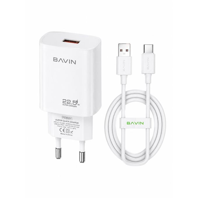BAVIN PC995Y شاحن موبايل حائط سريع 22.5 واط مع كابل تايب C، USB، شحن فائق السرعة، حماية ذكية، أبيض