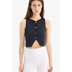 Regular Fit Crew Neck Buttoned Black Knit Vest