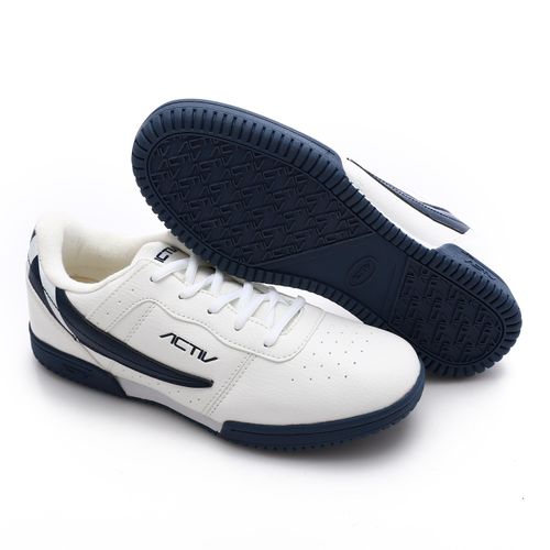 Leather Lace Up Comfy Sneakers - White & Navy Blue