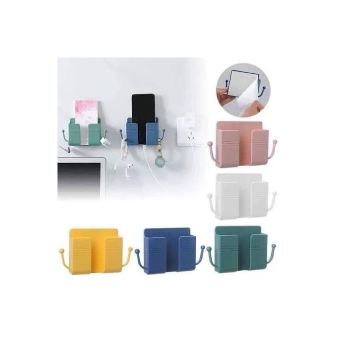 Wall Mounted Phone Holder Remote Control Organizer حامل هاتف جداري منظم ريموت كنترول حامل شحن ذاتي اللصق وخطاف